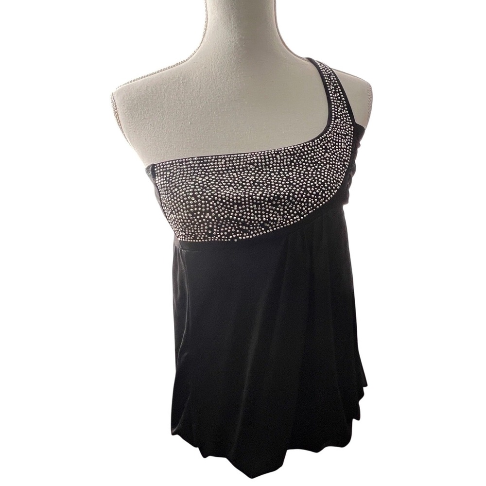 Wet Seal Top Babydoll M Black Rhinestone One Shoulder Asymmetrical McBling Y2K